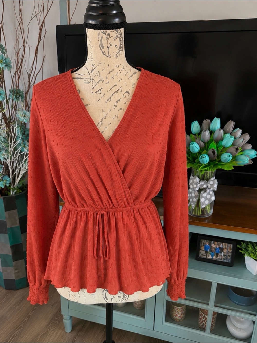 1.4.3. Story by Line Up Rust Red Textured Wrap Peplum Blouse Size Small